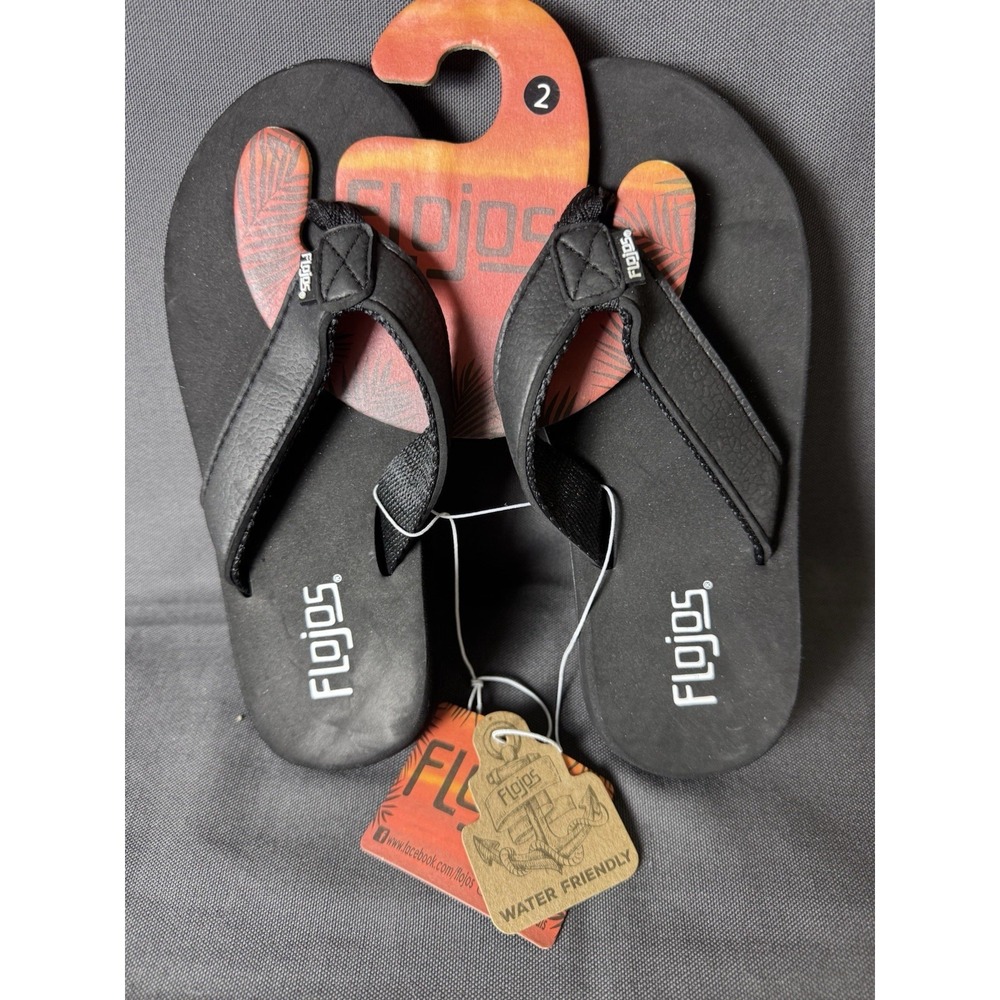 Flojos Flip Flops Kids Size 2 Black Tumbled EVA Strap Water Friendly Sandals New